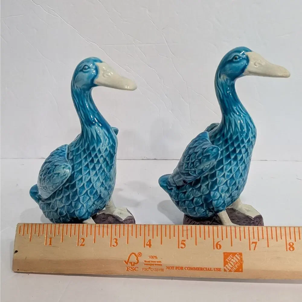 Vintage Turquoise Blue Glazed Ceramic Duck Figurines Pair Japan Chinoiserie